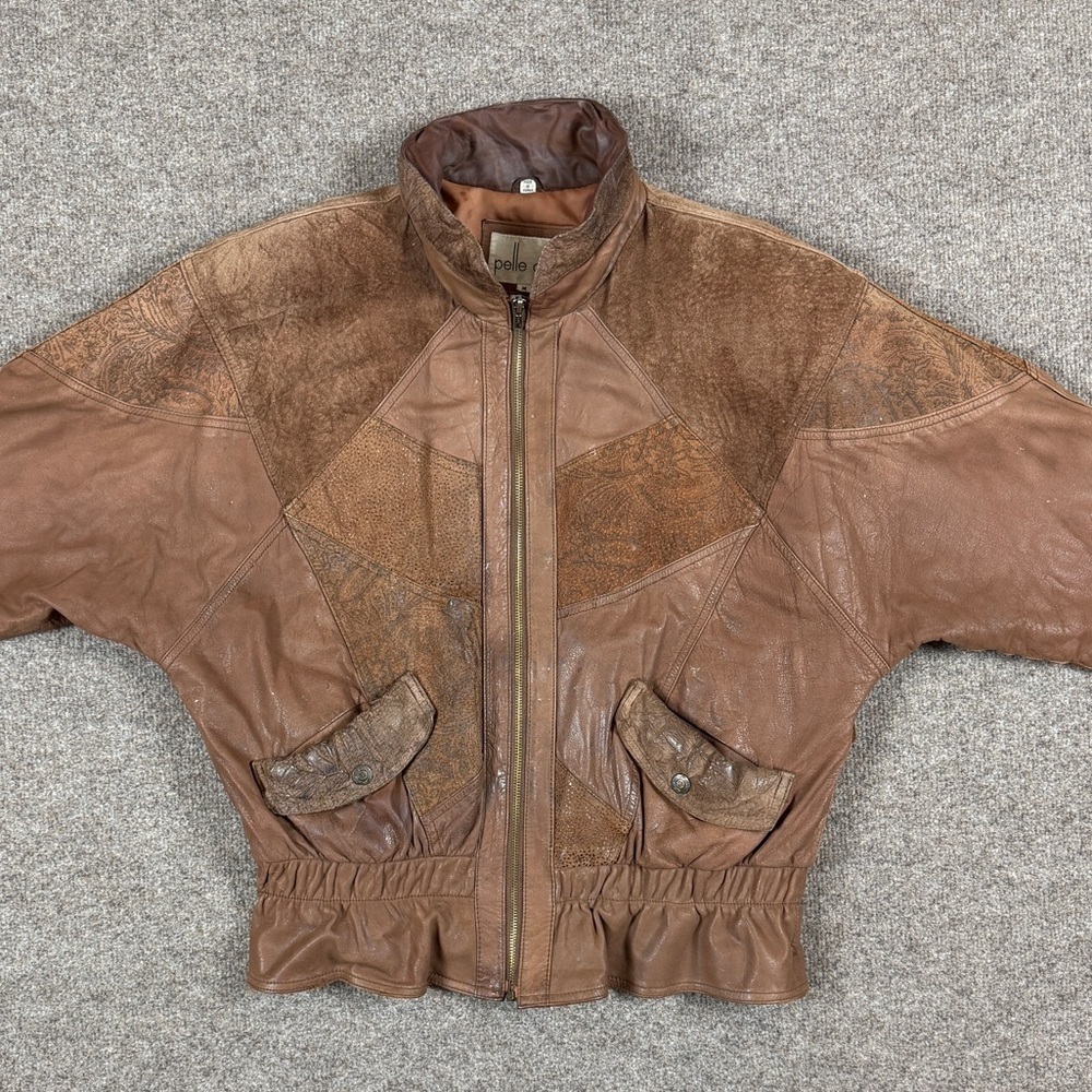 Vintage 80s Leather Suede Paisley Patchwork Bomber Jacket Womens M Brown Western - Picture 4 of 15